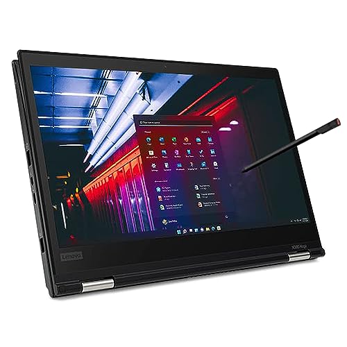 Black Lenovo thinkpad yoga L380 13 inch laptop 2 in one, folded backwards with screen on and pen.