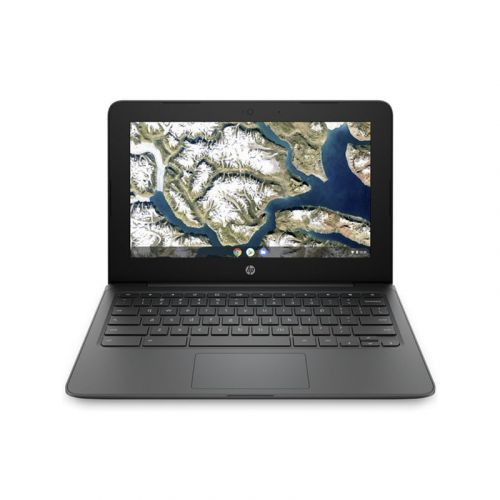 Black hp refurbished chromebook, open and switched on with landscape on screen.