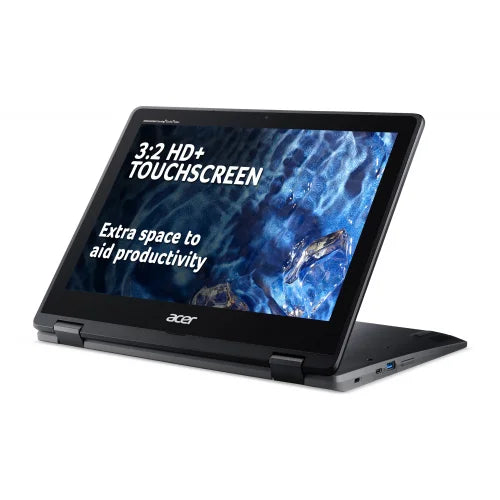 Black Acer spin refurbished Chromebook 512, folded over with blue screen switched on.