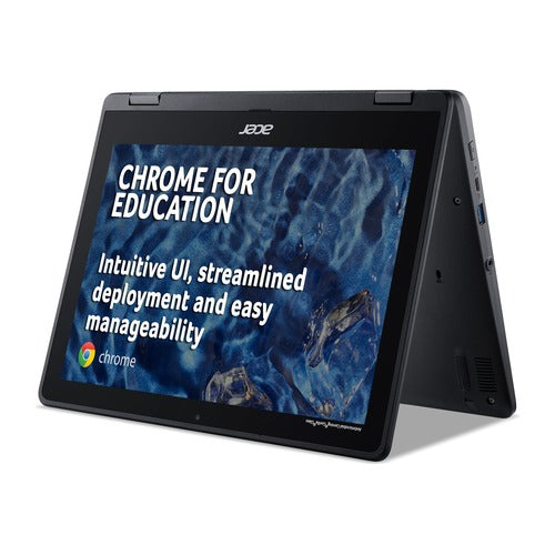 Black acer spin refurbished Chromebook 512, folded over with blue screen switched on.
