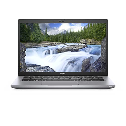 Silver refurbished Dell Latitude 5420 laptop, open and switched on with waterfall image on screen.