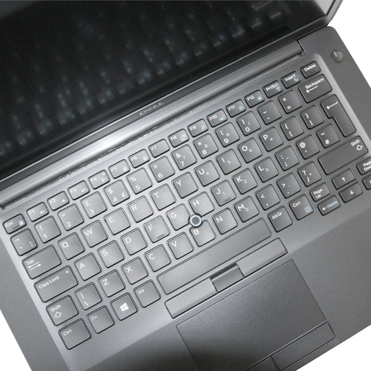 Keyboard of Black Dell Latitude 7490 laptop, open and switched off.