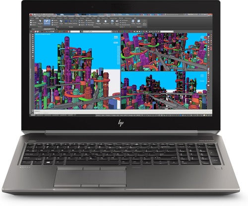 Pro Silver HP Zbook 15 G5 refurbished laptop switched on, and open.