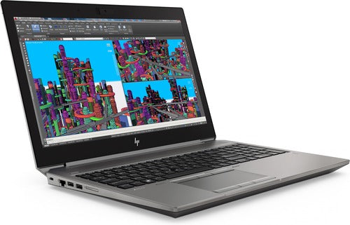 Pro Silver HP Zbook 15 G5 refurbished laptop switched on, and open.