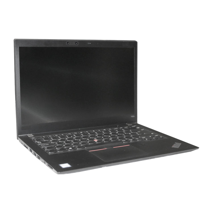 Black Lenovo ThinkPad T480S refurbished laptop, switched off and open.