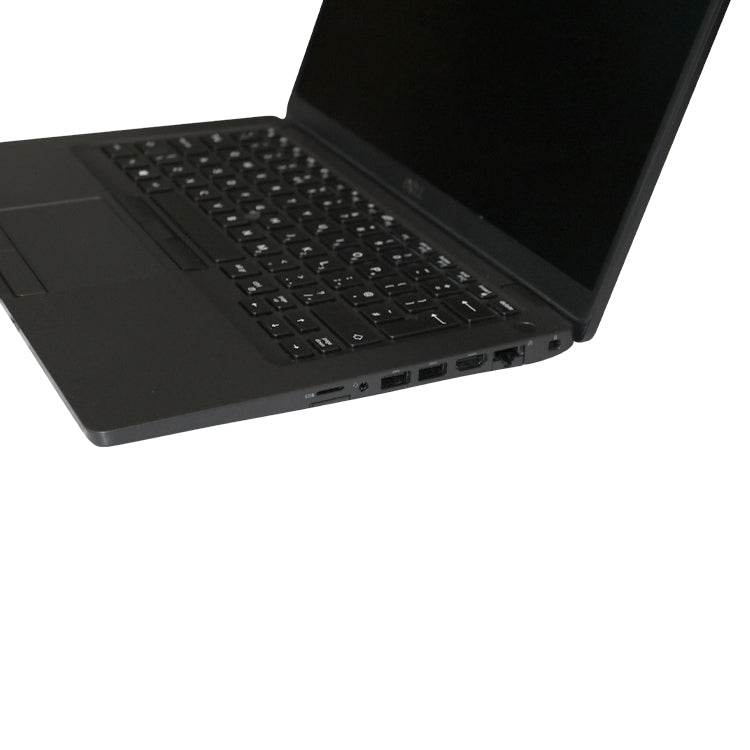 Black Dell Latitude 5400 switched off, open, with close up of side ports.