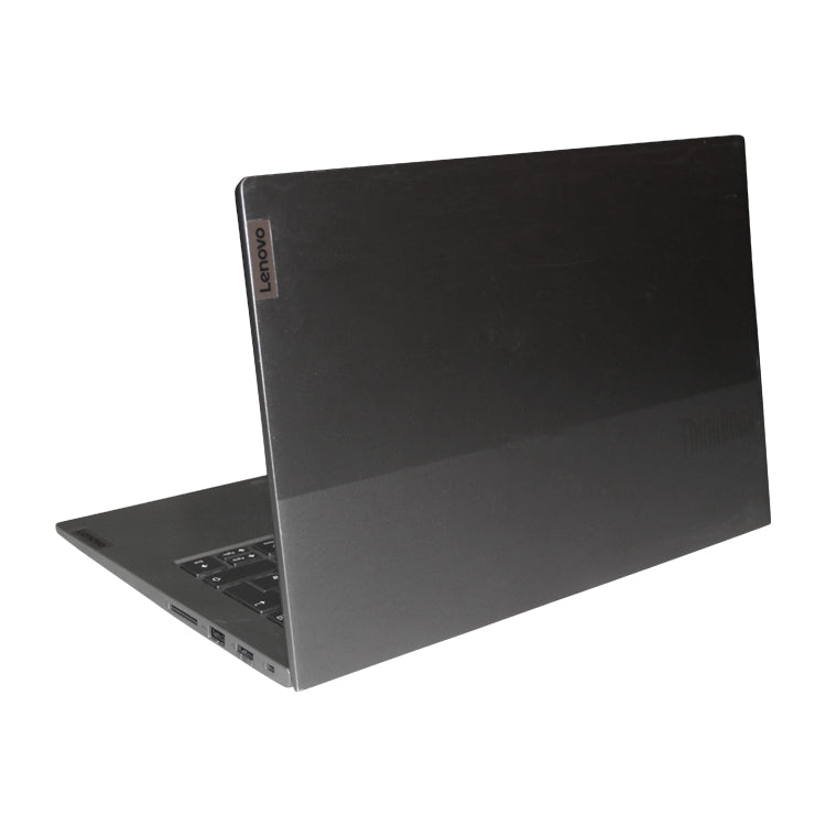 Grey Lenovo refurbished laptop, open from the back.