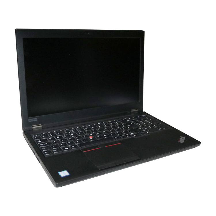 Black Lenovo thinkpad P52 refurbished laptop, open and switched off.