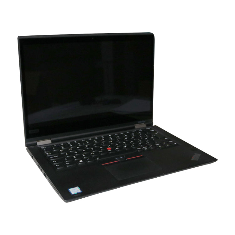 Black Lenovo ThinkPad Yoga X380 open, switched off and open as a standard latop.