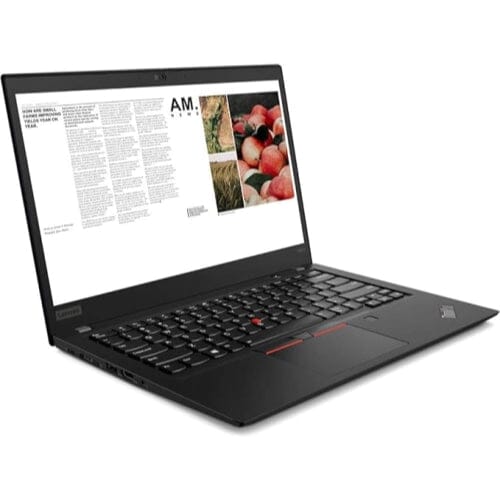 Black Lenovo Thinkpad T490s open, and switched on with presentation on screen.