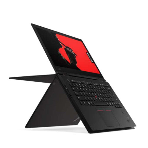 Black lenovo refurbished laptops, open in two different ways with screen on.