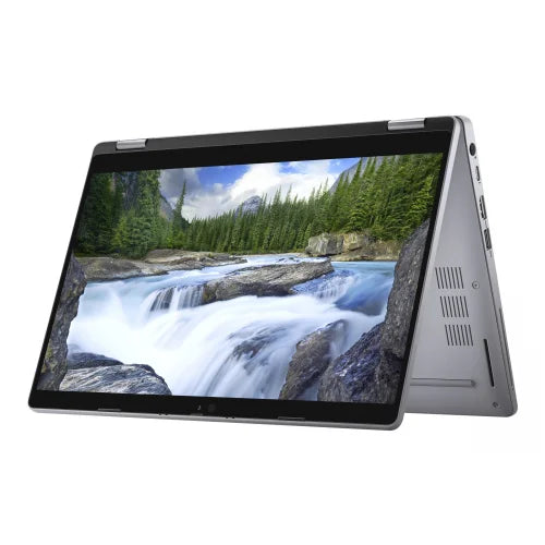 Silver Dell Latitude 5310 turned on and flipped over in tent position.