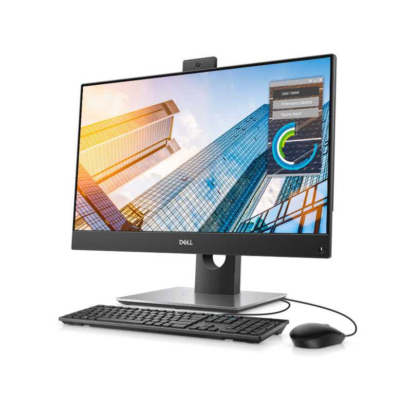 Black refurbished all in one dell optiplex computer, switched on with mouse and keyboard.