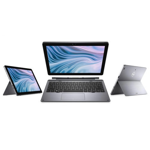 Dell Latitude 7210 2 in one laptop computers with screens switched on from all three angles, demonstrating detachable screen.