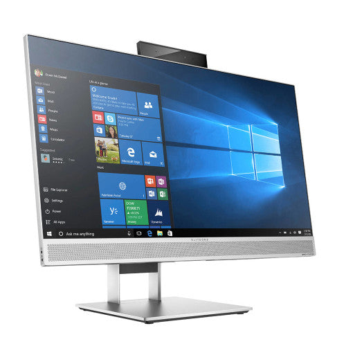 HP Eliteone 800 G4 silver all in one refurbished monitor, switched on.
