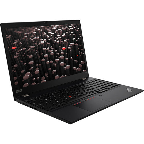 Black refurbished lenovo thinkpad, open with screen switched on.