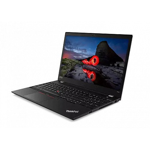 Black Lenovo ThinkPad P53s refurbished laptop, open and switched on.
