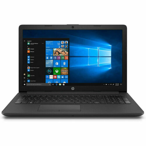 Black hp laptop under 200, open and switched on with windows homepage.