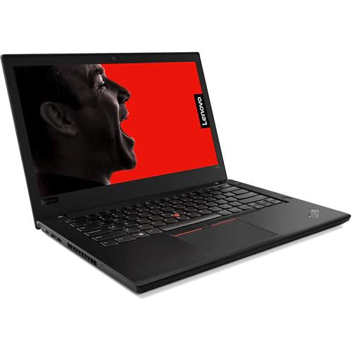Black Lenovo ThinkPad T480S refurbished laptop, switched on and open.