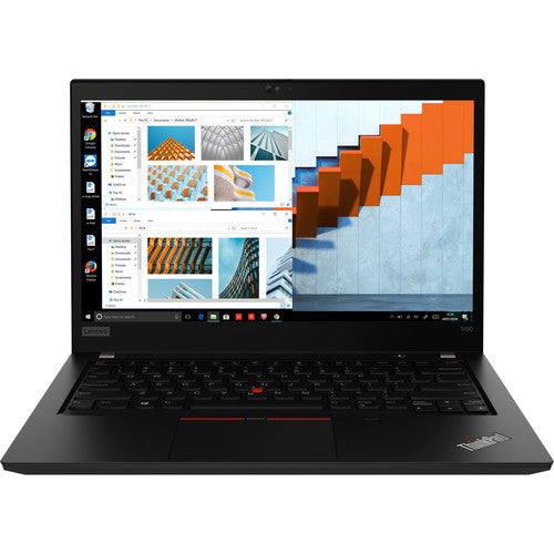 Black Lenovo ThinkPad T490 switched on and open.