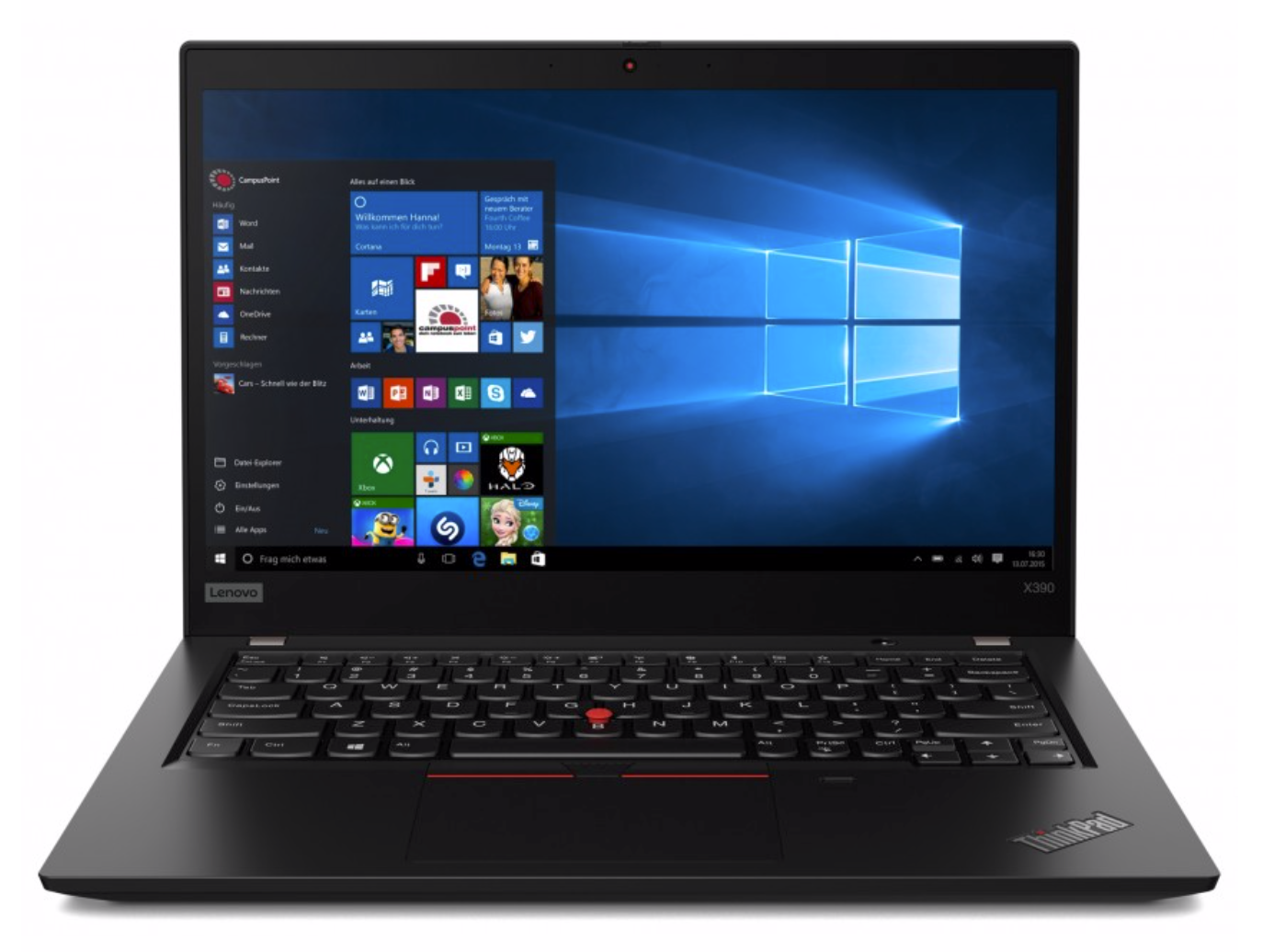 Black lenovo ThinkPad X390 open and switched on.