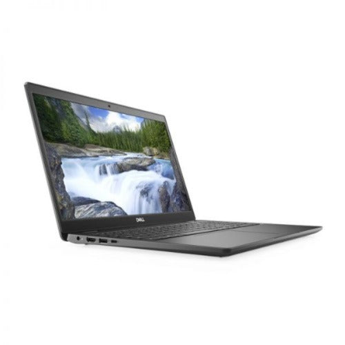 Silver refurbished Dell Latitude 5420 laptop, open and switched on with waterfall image on screen.