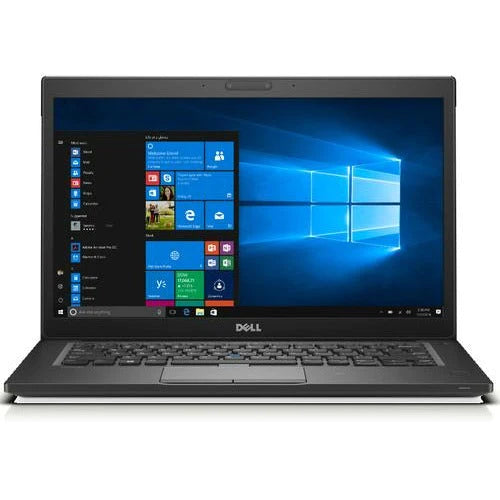 Black Dell Latitude 7490 laptop, open and switched on with windows home screen.