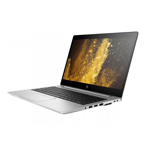 Silver HP EliteBook 840 laptop, open with abstract image on screen.