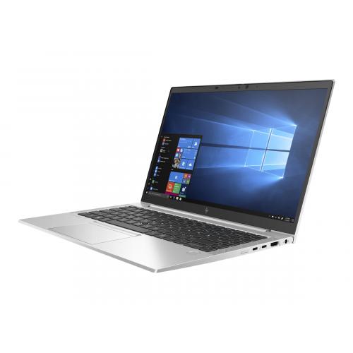 Silver HP EliteBook 840 laptop, open and switched on.