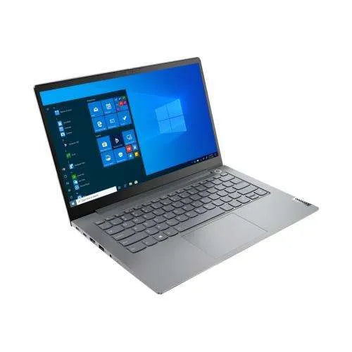 Grey Lenovo thinkbook 14 Gen 2 open and switched on.