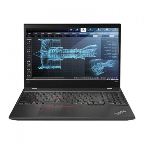Black Lenovo thinkpad P52 refurbished laptop, open and switched on.
