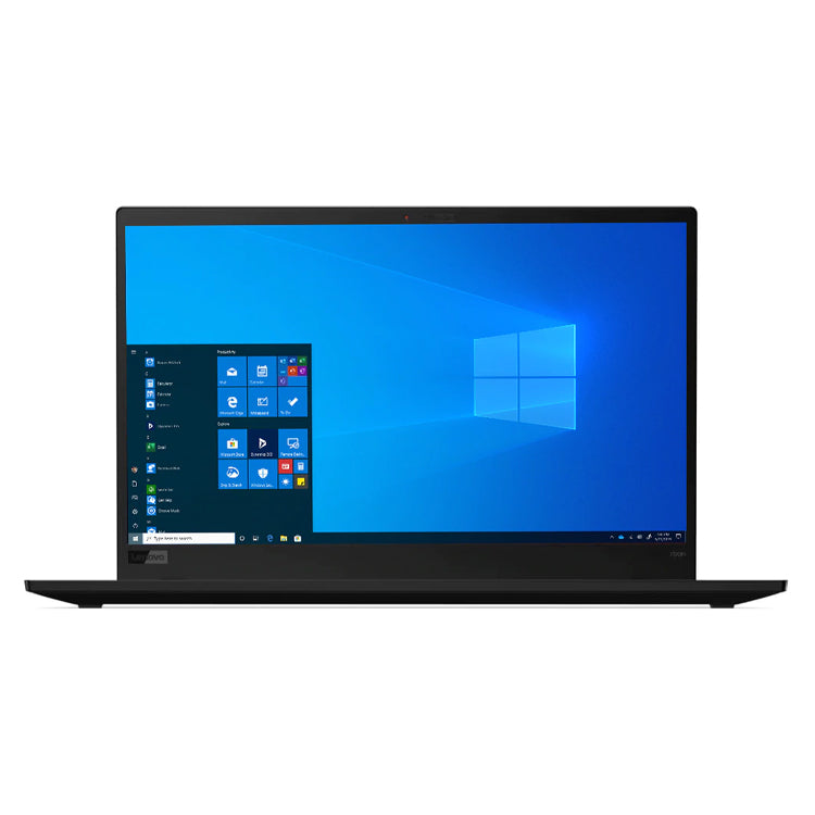 Black Lenovo ThinkPad X1 open and switched on.
