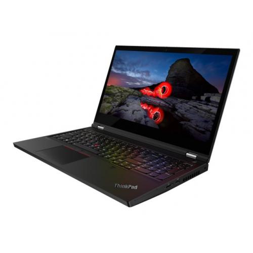 Black LENOVO THINKPAD P15 G1, open and switched on.