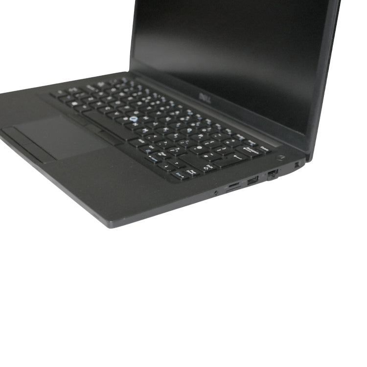 Black Dell Latitude 7490 laptop, open and switched off from the side.