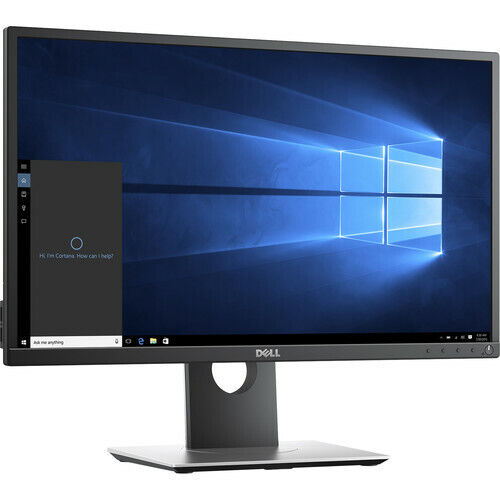 Black Dell P2417H 24" LED monitor with stand, switched on with windows home screen.