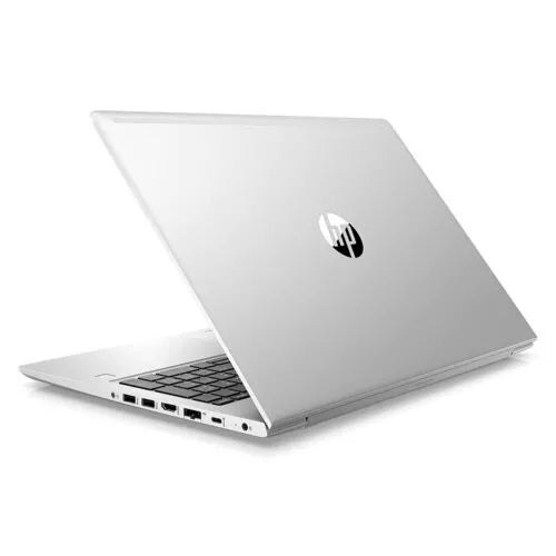 Silver HP Probook 450 laptop open from the back with HP logo visible.