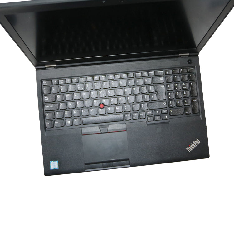 Close up of lenovo thinkpad P53 laptop in black, open and switched off.