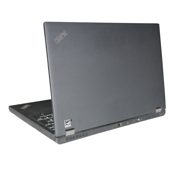 Back of lenovo thinkpad P53 laptop in black, open with screen.