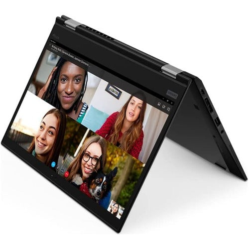 Black lenovo thinkpad X13 in tent mode with video call on screen.