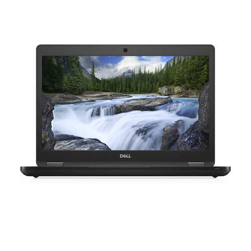 Black dell latitude 3400 laptop, open and switched on with waterfall scenery on the screen.