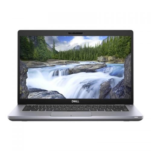 Silver Dell Latitude 5410 laptop, switched on and open with image of waterfall and trees.